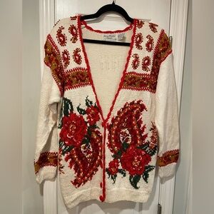 VTG Marisa Christina Size M Hand Knit Rose Paisley Cardigan Tapestry Sweater